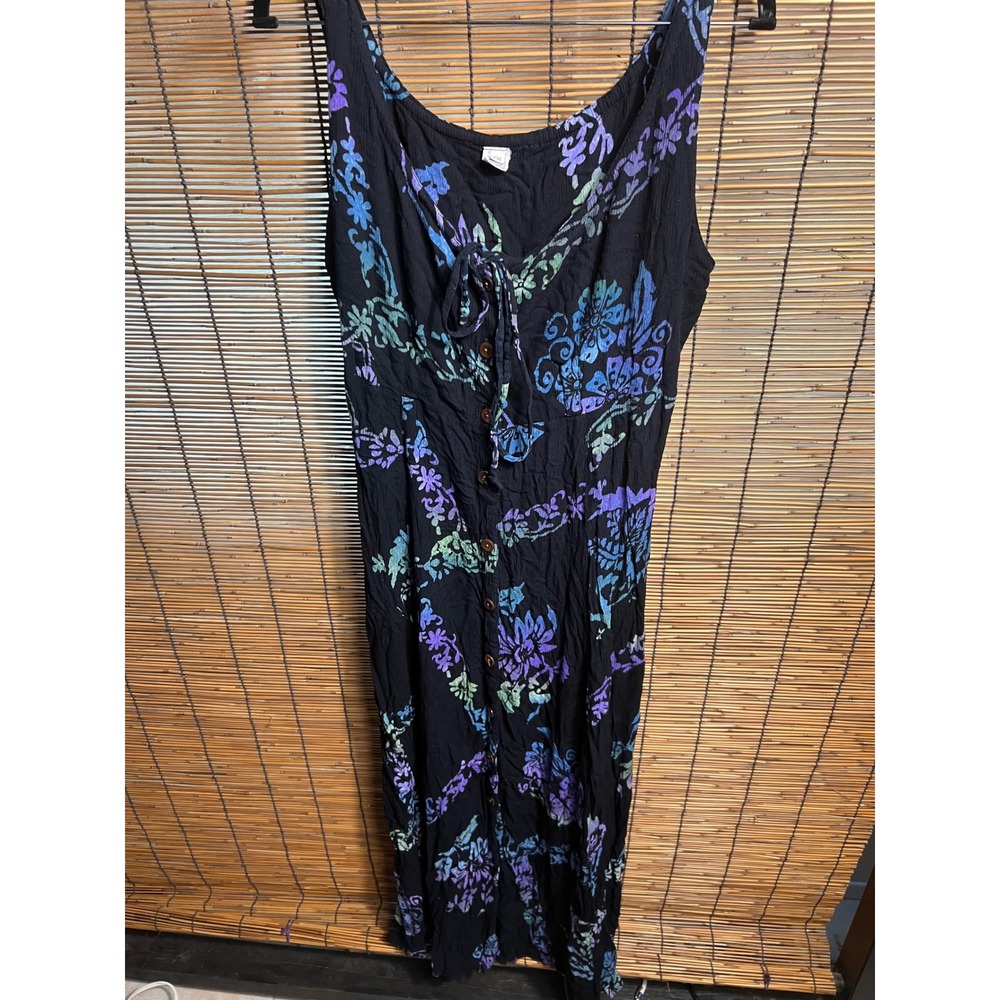 Batik Floral Rayon Maxi Dress Black Purple Green Button Front Handmade